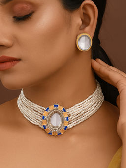Estele - Pearl Beaded Choker Set|Gehena Kundan Polki Style Jewelry for Traditional Wear