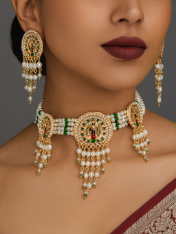 Estele - Classic Peacock Meenakari Choker Set|Gehena Pearl Layer Jewelry for Ethnic Wear