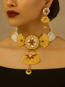 Estele - Temple Style Pearl Choker Set|Gehena Traditional Jewelry for Ethnic & Festive Looks
