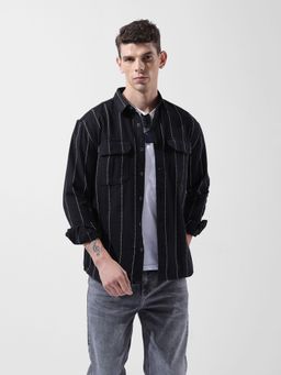 The Indian Garage Co - Men Black Relaxed Fit Striped Cutaway Collar Neck Casual Shirt