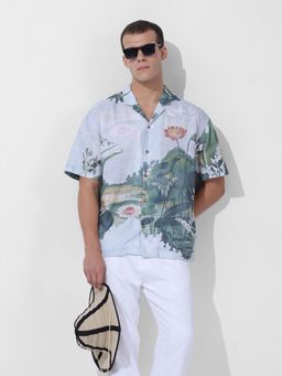 The Indian Garage Co - Men Blue Relaxed Fit Printed Cuban Collar Neck Resort Wear Shirt