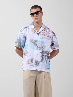 The Indian Garage Co - Men White Relaxed Fit Printed Cuban Collar Neck Resort Wear Shirt