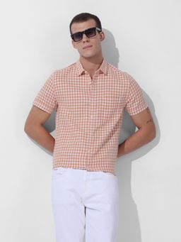 The Indian Garage Co - Men Orange Slim Fit Checked Cutaway Collar Neck Casual Shirt