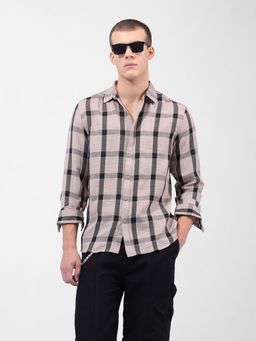 The Indian Garage Co - Men Beige Regular Fit Checked Cutaway Collar Neck Casual Shirt