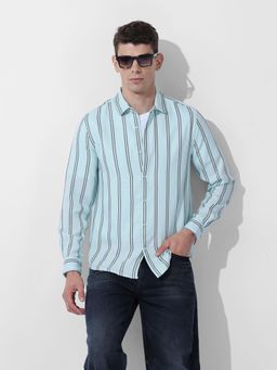 The Indian Garage Co - Men Green Regular Fit Vertical Striped Cutaway Collar Neck Casual Shirt