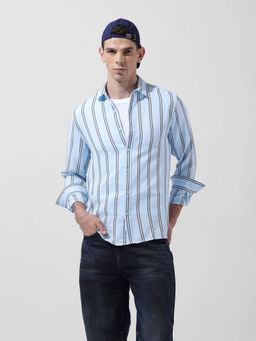 The Indian Garage Co - Men Blue Regular Fit Vertical Striped Cutaway Collar Neck Casual Shirt