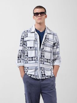 The Indian Garage Co - Men White Regular Fit Aztec Printed Collar Neck Street Wear Overshirt