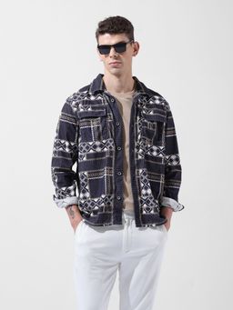 The Indian Garage Co - Men Navy Blue Regular Fit Aztec Printed Collar Neck Street Wear Overshirt