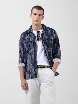 The Indian Garage Co - Men Navy Blue Regular Fit Geometric Collar Neck Street Wear Overshirt