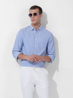 The Indian Garage Co - Men Blue Slim Fit Striped Cutaway Collar Neck Casual Shirt
