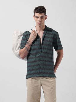 The Indian Garage Co - Men Green Relaxed Fit Textured Cuban Collar Neck Resort Wear Shirt