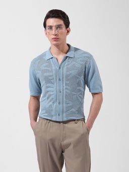 The Indian Garage Co - Men Blue Slim Fit Textured Polo Collar Neck Casual Shirt