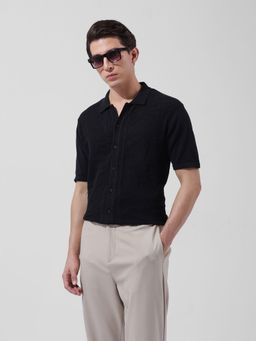 The Indian Garage Co - Men Black Slim Fit Textured Polo Collar Neck Casual Shirt