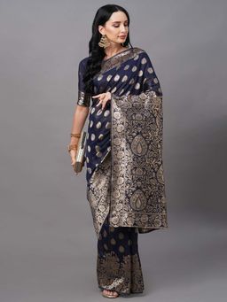 Akhilam - Women Cotton Silk Navy Blue Woven Saree with Unstitched Blouse