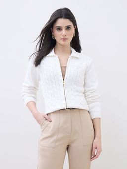 ELLE - Women White Textured Polo Collar Regular Fit Cardigan