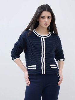 ELLE - Women Navy Blue Textured Round Neck Regular Fit Cardigan