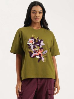 United Colors of Benetton - Olive Round Neck Embroidered T-Shirt