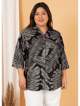 Indietoga - Women Plus Size Black Leaf Print Rayon Longline Shirt