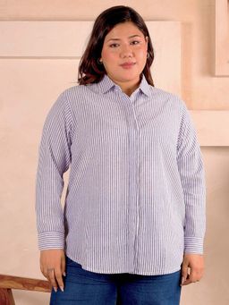 Indietoga - Women Plus Size Blue Striped Cotton Casual Longline Shirt
