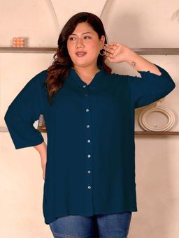 Indietoga - Women Plus Size Peacock Blue Solid Rayon Longline Shirt