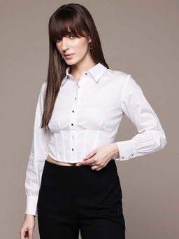 Label Ritu Kumar - White Collar Neck Full Sleeves Solid Shirt