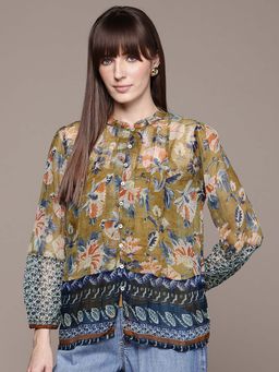 Label Ritu Kumar - Olive Brigetta Mandarin Neck 3/4 Sleeves Shirt with Inner