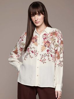 Label Ritu Kumar - White Collar Neck Full Sleeves Printed Shirt