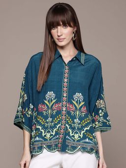 Label Ritu Kumar - Teal Alaia 3/4 Sleeves Shirt