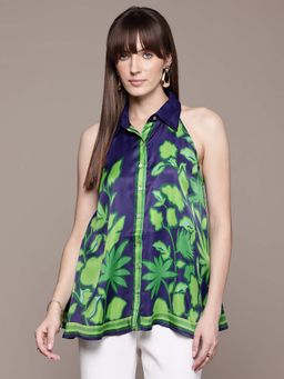 Label Ritu Kumar - Navy Blue Collar Neck Sleeveless Printed Shirt
