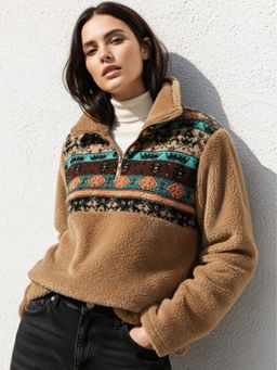 Outzidr - Brown Full Sleeve Printed Half Zip Sweatshirt