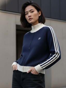 Outzidr - Navy Blue Full Contrast Sleeves Front Zip Jacket