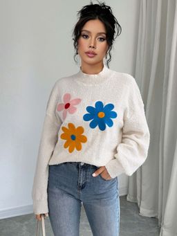 Outzidr - White Full Sleeves Floral Sweatshirt