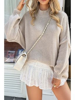 Outzidr - Beige Full Sleeve High Neck Sweater