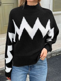 Outzidr - Black Full Sleeve High Neck Printed Sweater