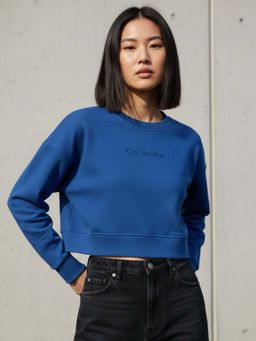 Outzidr - Navy Blue Solid Oversized Sweatshirt