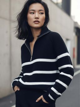 Outzidr - Black Full Sleeve Striped Half Zip Sweater