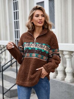 Outzidr - Brown Full Sleeve Half Zip Printed Sweater