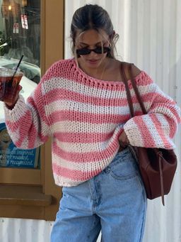 Outzidr - Pink Full Sleeve Striped One Shoulder Sweater