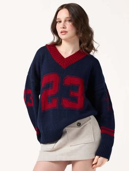 Outzidr - Navy Blue Varsity Graphic Sweater