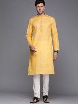 Manyavar - Yellow Cotton Solid Kurta Pencil Pyjama Set (Set of 2)