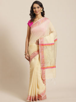 Indethnic - Banarasi Beige Solid Daily Wear Saree With Unstitched Blouse
