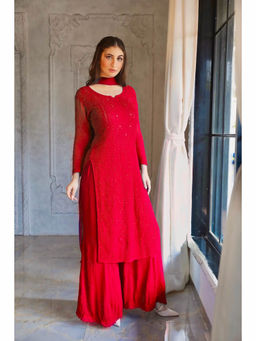 Label Aishwaryrika - Forbidden Red Chikankari Kurta with Palazzo and Dupatta (Set of 3)