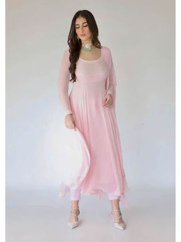 Label Aishwaryrika - Camellia Pink Chikankari Anarkali Kurta with Pant With Dupatta (Set of 3)