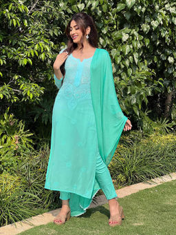 Label Aishwaryrika - Turquoise Lagoon Chikankari Kurta with Pant and Dupatta (Set of 3)