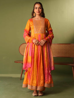 Sindh Fashion - Multi-Color Semi Georgette Anarkali Kurta with Pant and Dupatta (Set of 3)