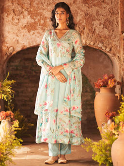 Sindh Fashion - Blue Semi Georgette Printed Anarkali Kurta with Pant and Dupatta (Set of 3)