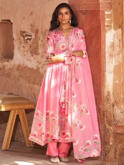 Sindh Fashion - Pink Semi Georgette Mirror Work Anarkali Kurta with Pant and Dupatta (Set of 3)
