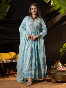 Sindh Fashion - Blue Semi Cotton Resham Anarkali Kurta with Pant and Dupatta (Set of 3)