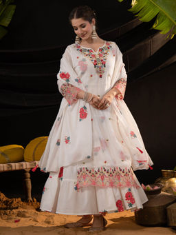 Sindh Fashion - White Semi Embroidered Anarkali Kurta Inner with Pant and Dupatta (Set of 4)