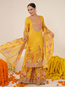 Sindh Fashion - Yellow Semi Georgette Embroidery Sharara with Kurta and Dupatta (Set of 3)